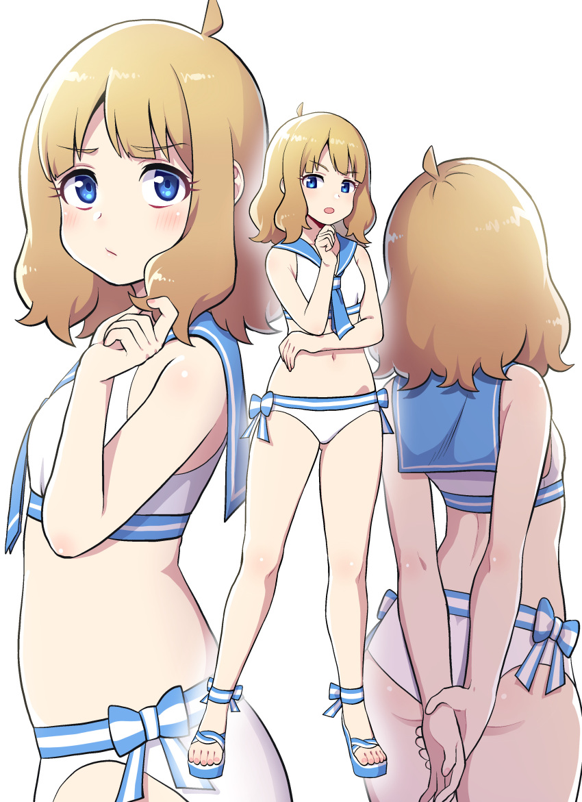 1girl :/ absurdres arms_behind_back ass ass_visible_through_thighs bare_legs bikini blonde_hair blue_bow blue_eyes blue_footwear blue_sailor_collar blush bow closed_mouth cowboy_shot dia_(yvirus68) full_body hand_on_own_chin highres idolmaster idolmaster_million_live! looking_at_viewer multiple_views navel own_hands_together playing_with_own_hair sailor_bikini sailor_collar sailor_swimsuit_(idolmaster) sandals short_hair sidelocks simple_background suou_momoko swimsuit v-shaped_eyebrows white_background white_bikini