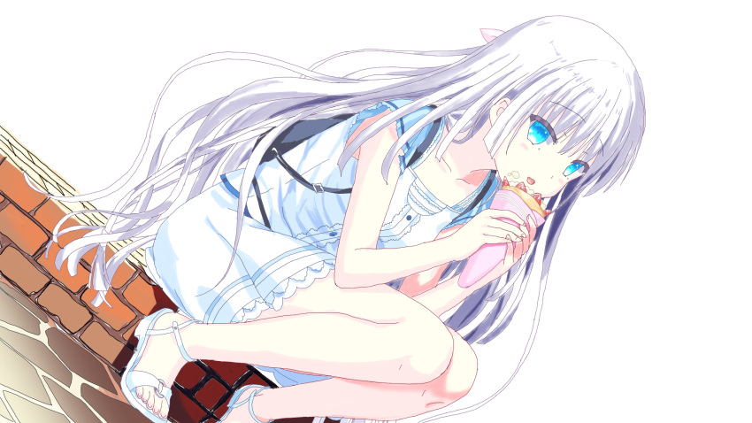1girl accelbraker crepe eating flats food highres key_(company) knees_together_feet_apart long_hair naruse_shiroha sitting sketch summer_pockets toes white_hair