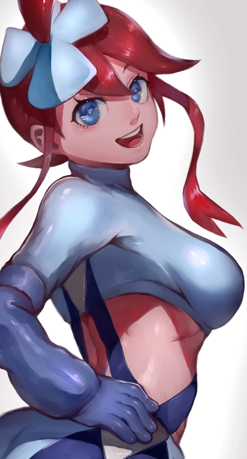 1girl :d absurdres arched_back back blue_eyes breasts crop_top densen_(itoguchi) elbow_gloves from_side fuuro_(pokemon) gloves gym_leader hair_between_eyes hair_ornament hand_on_hip highres long_sleeves looking_at_viewer open_mouth pokemon pokemon_(game) pokemon_bw redhead short_hair_with_long_locks sidelocks smile stomach suspenders turtleneck upper_body