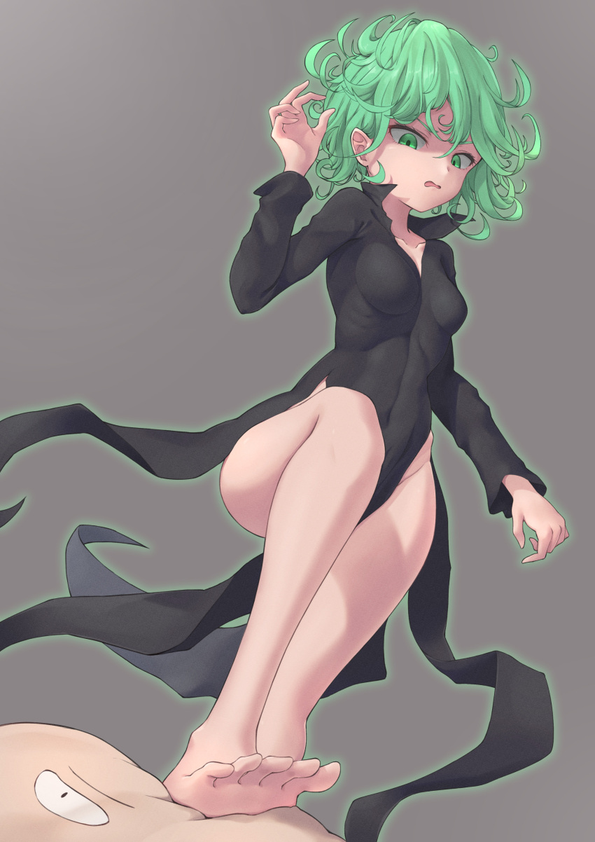 1girl absurdres black_dress breasts collarbone commentary_request curly_hair dress green_eyes green_hair grey_background hair_between_eyes highres long_sleeves looking_at_viewer miso_(b7669726) no_panties one-punch_man open_mouth saitama_(one-punch_man) short_hair simple_background small_breasts solo tatsumaki