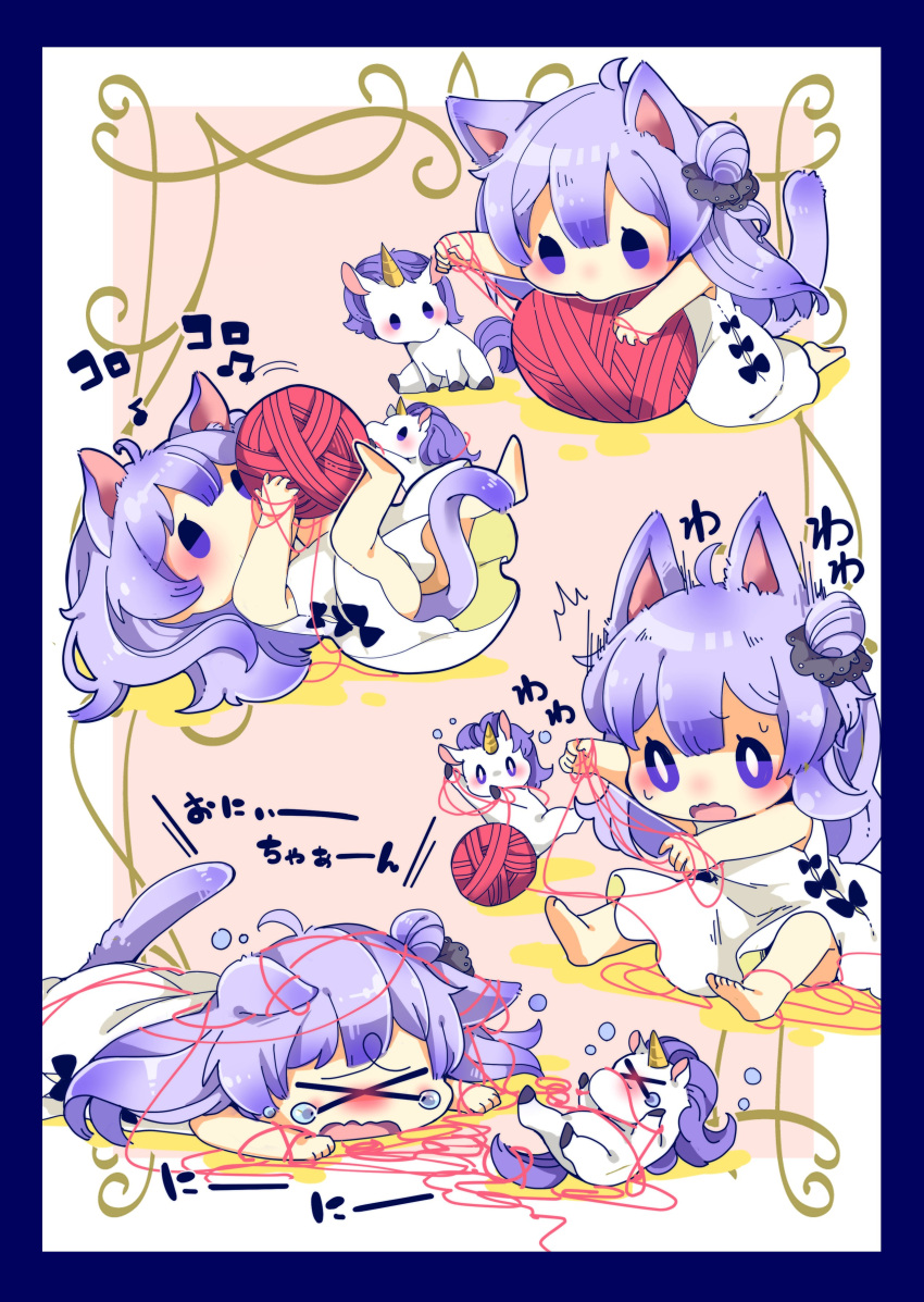 &gt;_&lt; 1girl absurdres ahoge animal_ears azur_lane bangs bare_arms bare_legs bare_shoulders barefoot black_bow black_ribbon bow cat_ears cat_girl cat_tail chibi closed_eyes commentary_request dress hair_bun hair_ribbon highres kemonomimi_mode long_hair lying multiple_views okura00 on_back on_stomach one_side_up open_mouth purple_hair ribbon side_bun sitting sleeveless sleeveless_dress soles stuffed_animal stuffed_toy stuffed_unicorn tail translated unicorn_(azur_lane) very_long_hair violet_eyes wavy_mouth white_dress yarn yarn_ball