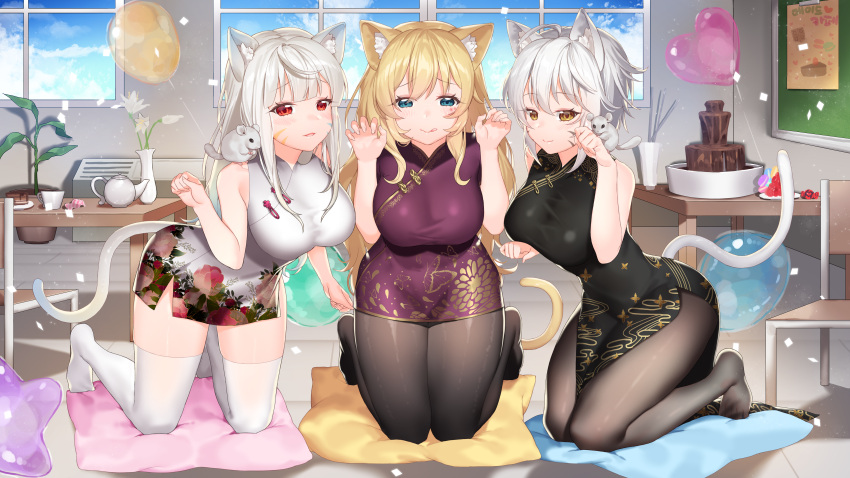 3girls absurdres ahoge animal animal_ears bare_arms bare_shoulders black_dress black_legwear blonde_hair blue_eyes breasts brown_eyes cat_ears cat_girl cat_tail chair chalkboard china_dress chinese_clothes chocolate_fountain claw_pose commission dress facial_mark floral_print flower hands_up heart_balloon highres huge_filesize ia_(ias1010) indoors kneeling large_breasts long_hair looking_at_viewer mouse multiple_girls no_shoes original pantyhose parted_lips pelvic_curtain pillow plant potted_plant purple_dress red_eyes short_hair silver_hair sleeveless sleeveless_dress smile table tail taut_clothes taut_dress teapot thigh-highs tongue tongue_out vase very_long_hair white_dress white_legwear window zettai_ryouiki