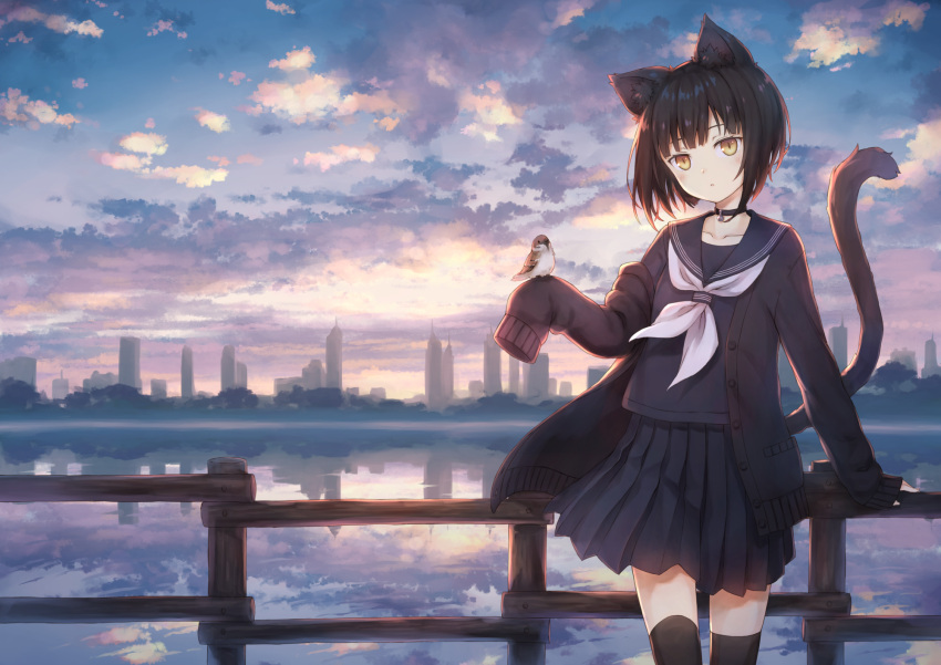 104 1girl animal_ears backlighting black_cardigan black_hair black_legwear black_sailor_collar black_serafuku black_skirt brown_eyes cardigan cat_ears cat_girl cat_tail choker cityscape clouds collarbone fence highres lake long_sleeves looking_at_viewer miniskirt neckerchief off_shoulder open_cardigan open_clothes original outdoors pleated_skirt reflection sailor_collar school_uniform serafuku short_hair skirt sleeves_past_fingers sleeves_past_wrists solo sunset tail tail_raised thigh-highs water white_neckwear wide_shot zettai_ryouiki