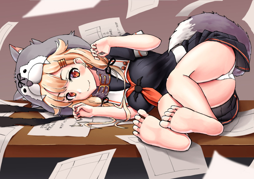 1girl barefoot black_ribbon black_serafuku black_skirt blonde_hair blurry breasts brown_background commentary_request depth_of_field full_body hair_flaps hair_ornament hair_ribbon hairclip kantai_collection long_hair looking_at_viewer lying mayura2002 medium_breasts neckerchief on_side panties paper red_eyes red_neckwear remodel_(kantai_collection) ribbon scarf school_uniform serafuku simple_background skirt smile soles solo table tail underwear white_panties wolf_hood wolf_tail yuudachi_(kantai_collection)