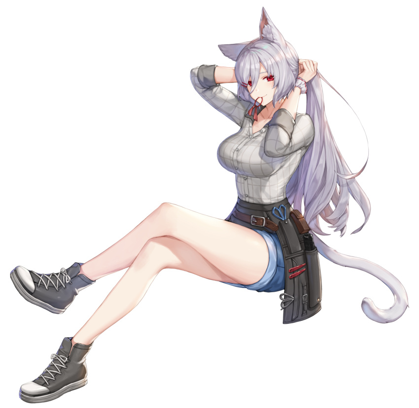 1girl animal_ear_fluff animal_ears arms_behind_head arms_up bare_legs belt blue_shorts breasts bunching_hair buttons cat_ears cat_girl cat_tail collarbone crossed_legs denim denim_shorts full_body grey_shirt hair_ornament hair_tie_in_mouth hairclip highres invisible_chair king's_raid kirze large_breasts long_hair looking_at_viewer mouth_hold non-web_source official_art pouch red_eyes shirt shirt_tucked_in shoes short_shorts shorts silver_hair sitting smile sneakers solo tail thighs transparent_background wrist_cuffs