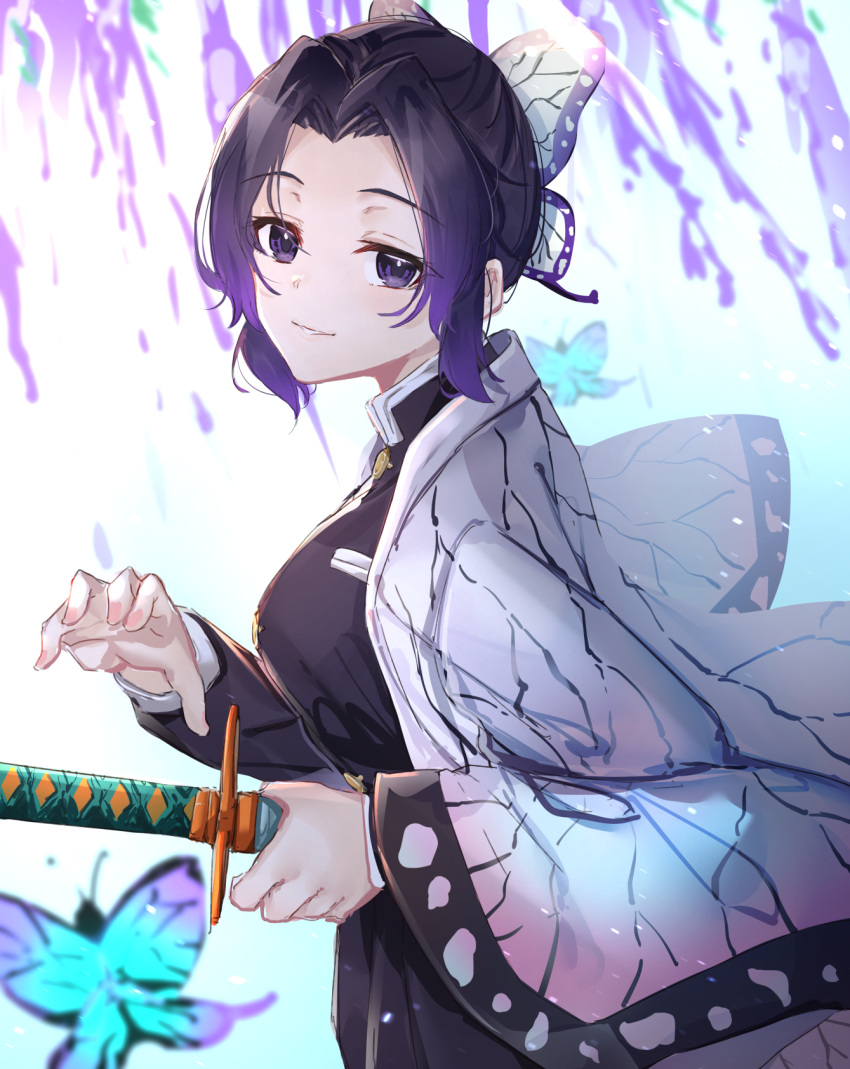 1girl animal bangs black_hair black_jacket blurry blurry_background breasts bug butterfly butterfly_hair_ornament commentary_request depth_of_field eyebrows_visible_through_hair forehead gradient_hair hair_ornament highres holding holding_sheath insect jacket katana kimetsu_no_yaiba kochou_shinobu long_sleeves medium_breasts multicolored_hair open_clothes parted_bangs parted_lips pink_nails purple_hair ready_to_draw sheath sheathed smile solo sword tapioka_(oekakitapioka) violet_eyes weapon wide_sleeves