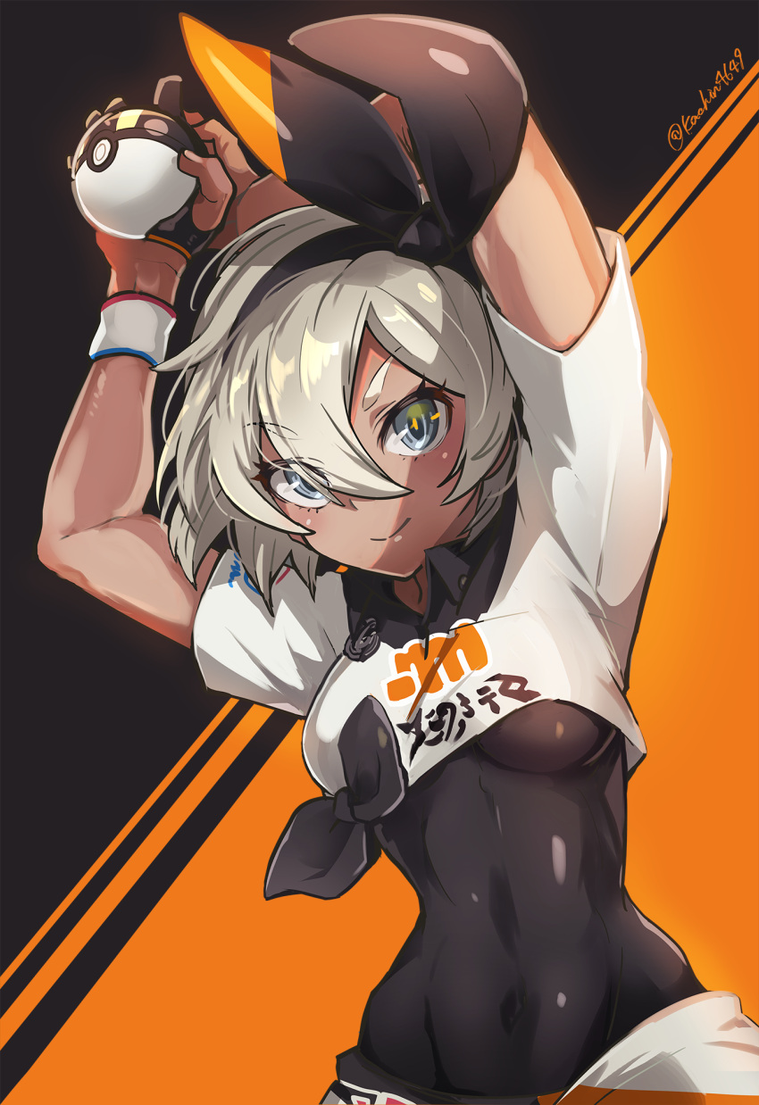 1girl arms_up black_bodysuit blue_eyes bodysuit bodysuit_under_clothes breasts covered_navel cropped_shirt dark_skin eyebrows_visible_through_hair fingerless_gloves gloves hairband highres huge_filesize kachin looking_at_viewer poke_ball pokemon pokemon_(game) pokemon_swsh saitou_(pokemon) short_hair short_sleeves shorts silver_hair single_glove skin_tight smile solo sportswear under_boob wristband