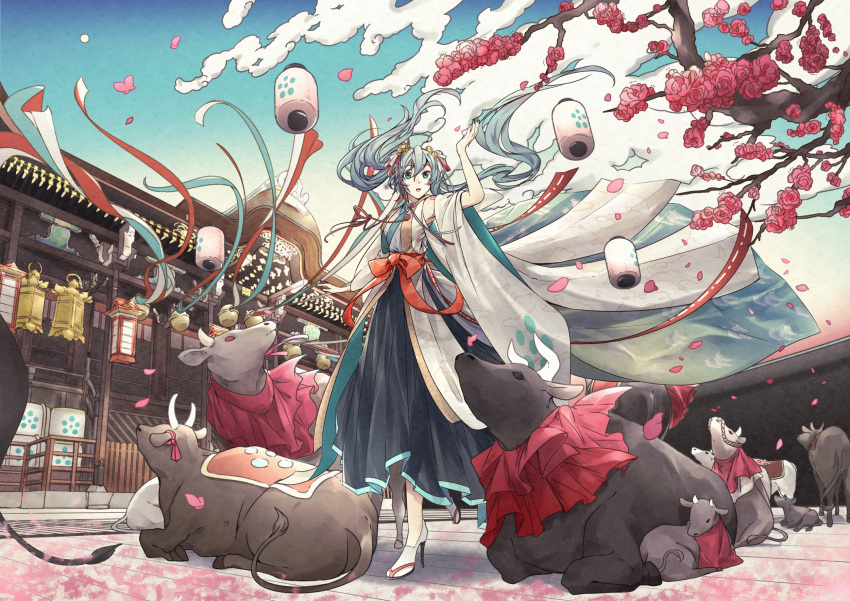 aqua_eyes aqua_hair aqua_nails architecture bare_shoulders bell black_skirt blue_sky bow bull clouds commentary_request day detached_sleeves east_asian_architecture floating_hair floral_print flower hair_ribbon hand_up hatsune_miku high_heels highres japanese_clothes kimono kyoto lantern long_hair mujou_(mjoysk) nail_polish open_mouth outdoors petals plum_blossoms red_bow ribbon shoulder_tattoo skirt sky sleeveless sleeveless_kimono tattoo temple twintails very_long_hair vocaloid waist_bow white_footwear white_kimono white_sleeves wide_shot wide_sleeves