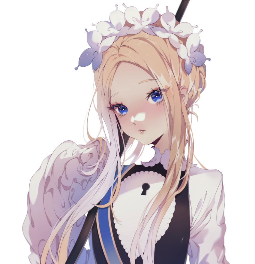 1girl abigail_williams_(fate/grand_order) bangs blonde_hair blue_eyes blush breasts broom dress eyeshadow fate/grand_order fate_(series) forehead hair_bun headdress highres holding holding_broom keyhole long_hair long_sleeves looking_at_viewer maid makeup misshao_00 parted_bangs parted_lips sidelocks simple_background small_breasts solo upper_body white_background