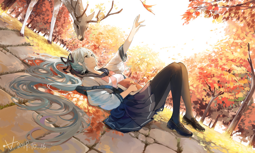 1girl absurdres aqua_eyes aqua_hair arm_up autumn autumn_leaves belt black_footwear black_legwear blue_skirt book book_on_lap deer falling_leaves hair_ribbon hatsune_miku highres holding holding_book leaf long_hair lying neck_ribbon on_back outdoors reaching ribbon school_uniform serafuku shirt shoes skirt smile stone_floor stuko thigh-highs tree twintails very_long_hair vocaloid white_shirt white_sky