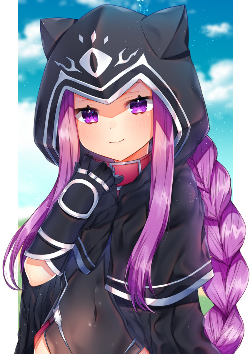 1girl akirannu black_gloves blush braid clouds collar commentary_request covered_navel fate/grand_order fate_(series) gloves highres hood hood_up long_hair looking_at_viewer medusa_(lancer)_(fate) outdoors pink_collar purple_hair smile solo very_long_hair violet_eyes