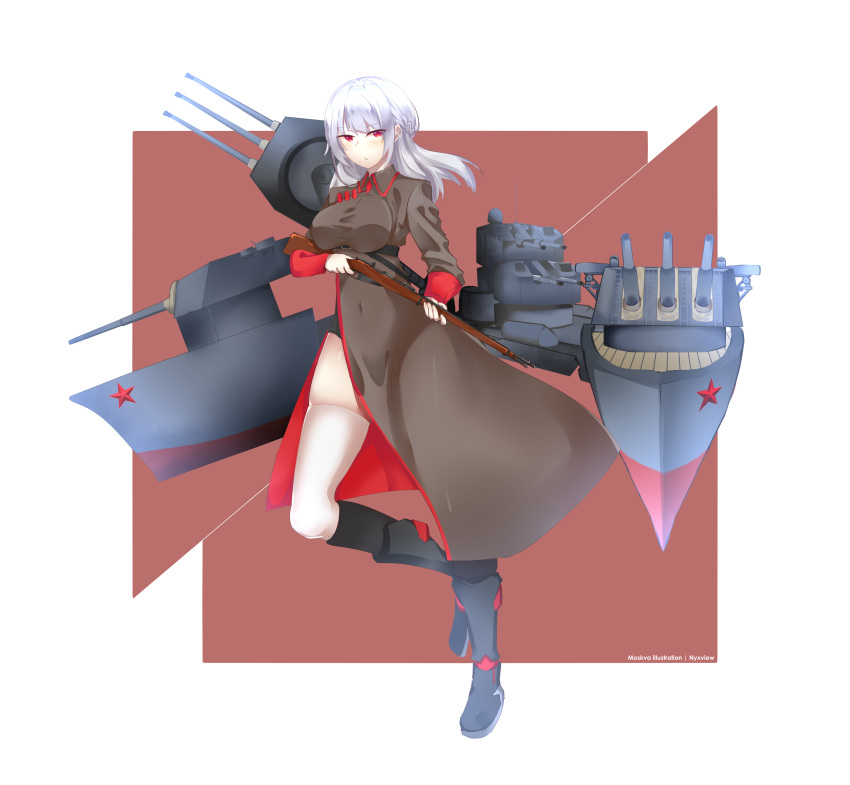 1girl absurdres artist_name bolt_action boots breasts cannon full_body gun highres large_breasts long_hair looking_at_viewer military military_vehicle mosin-nagant moskva_(world_of_warships) nyxview original red_eyes rifle rigging russian_clothes ship simple_background solo thigh-highs warship watercraft weapon white_hair world_of_warships