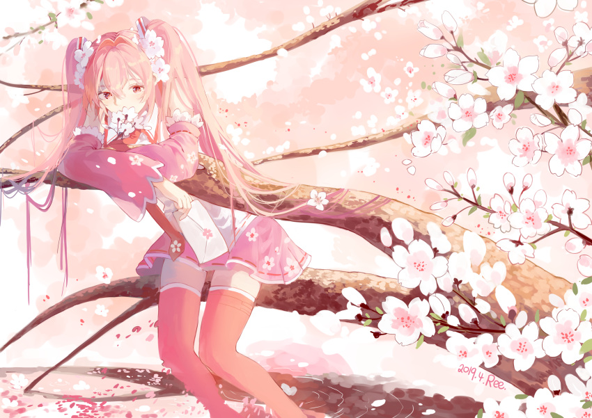 1girl absurdres bare_shoulders boots branch cherry_blossom_print cherry_blossoms commentary crossed_arms detached_sleeves floral_print flower flower_to_mouth frilled_sleeves frills hair_flower hair_ornament hatsune_miku highres long_hair looking_at_viewer miniskirt necktie petals pink_eyes pink_hair pink_legwear pink_neckwear pink_skirt pink_sleeves reflection ripples sakura_miku shirt sitting sitting_on_branch skirt sleeveless sleeveless_shirt solo stuko symbol_commentary thigh-highs thigh_boots tree twintails very_long_hair vocaloid water white_shirt wide_shot zettai_ryouiki