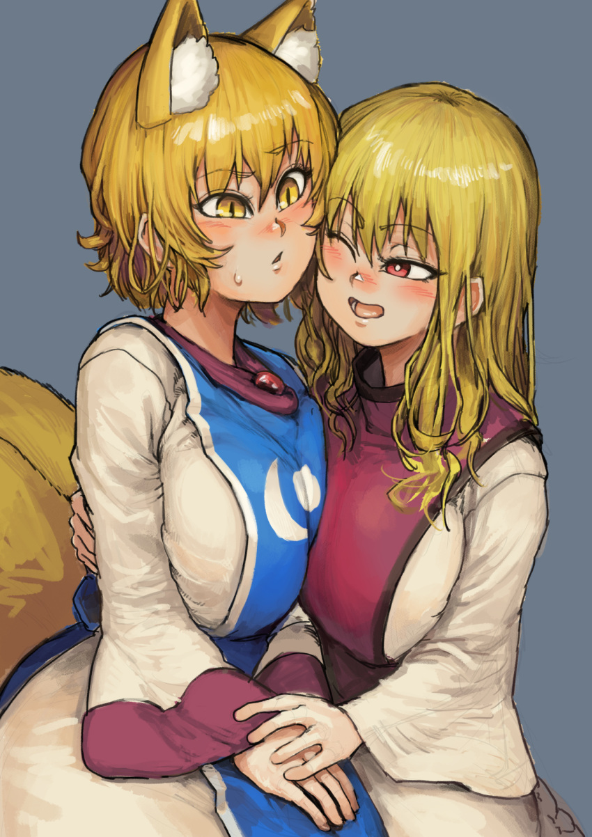 2girls :&lt; ;d animal_ear_fluff animal_ears bangs blonde_hair blush breasts chanta_(ayatakaoisii) commentary_request dress eyebrows_visible_through_hair fox_ears fox_tail grey_background hair_between_eyes highres large_breasts long_hair long_sleeves looking_at_another multiple_girls multiple_tails no_hat no_headwear one_eye_closed open_mouth parted_lips red_eyes short_hair simple_background smile tabard tail touhou upper_body white_dress wide_sleeves yakumo_ran yakumo_yukari yellow_eyes yuri