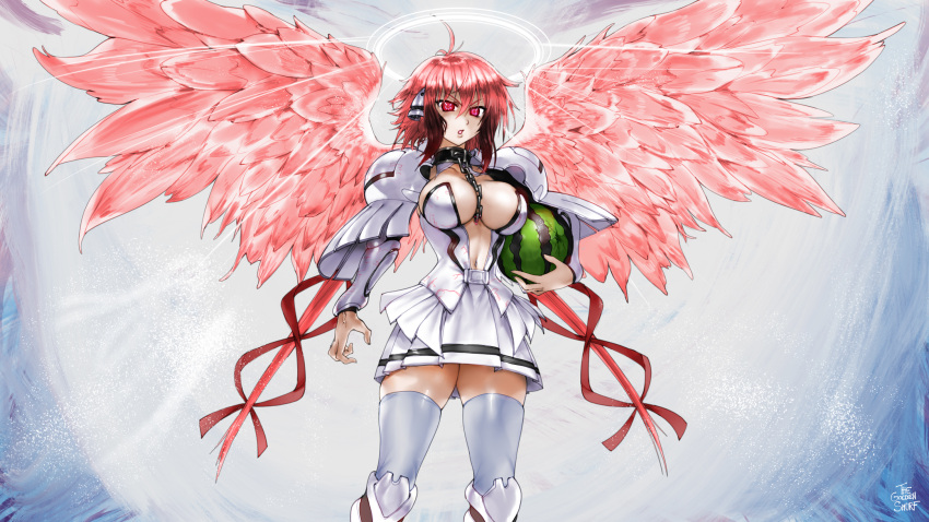 1girl ahoge android angel armor artist_name artist_progress between_breasts black_collar breasts chain collar commentary english_commentary food fruit hair_between_eyes halo highres ikaros large_breasts navel pink_wings red_eyes redhead revision robot_ears simple_background skirt solo sora_no_otoshimono standing textless the_golden_smurf thigh-highs watermelon white_legwear white_skirt wings