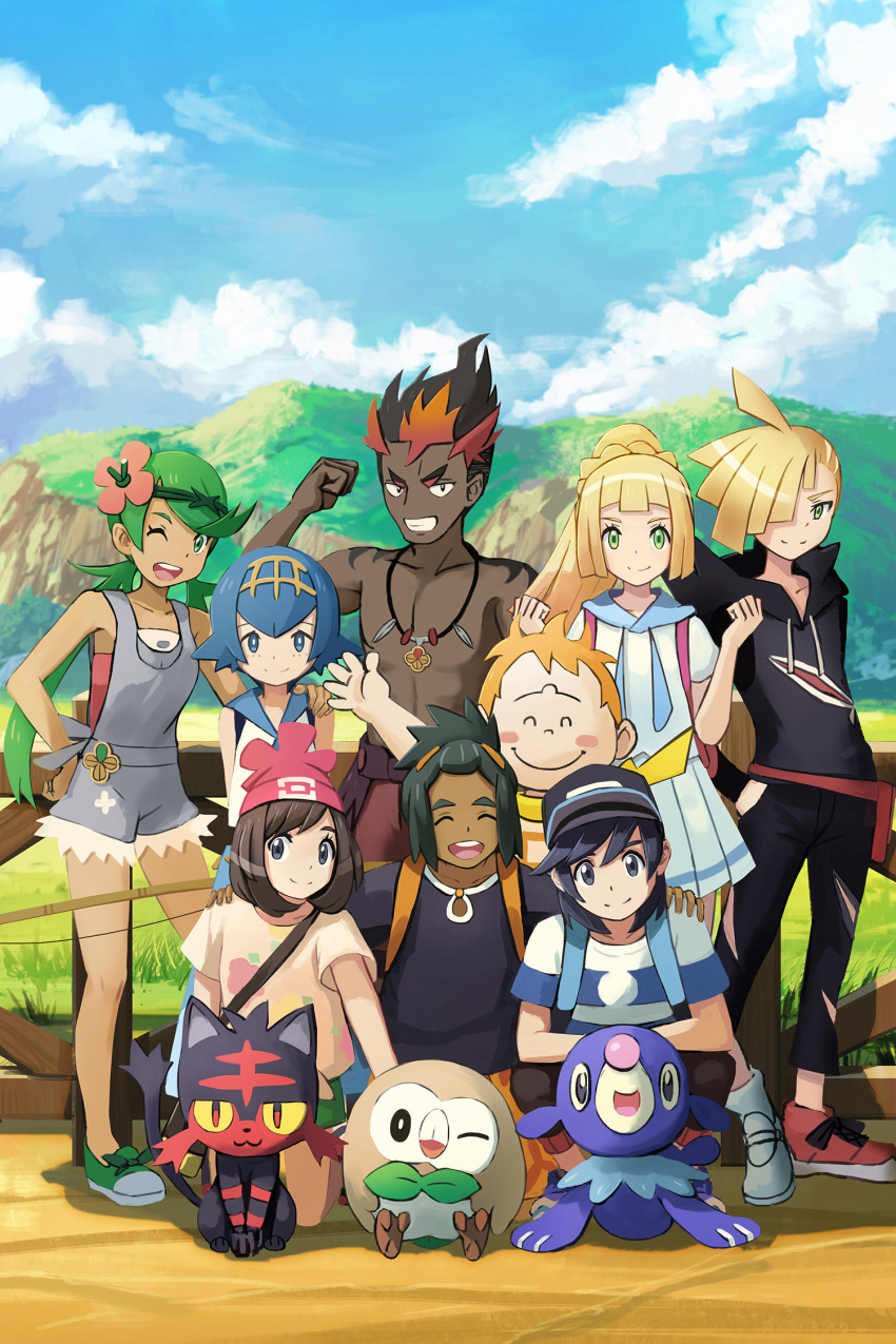 4girls 5boys :d ;d ^_^ arms_behind_back backpack bag bangs bare_arms bare_legs bare_shoulders baseball_cap beanie belt_pouch black_hair black_headwear black_pants black_shirt blonde_hair blue_eyes blue_hair blue_sky blush_stickers brown_hair clenched_hands closed_eyes closed_mouth clouds collarbone commentary dark_skin dark_skinned_male day fence fishing_rod flexing floral_print flower freckles gen_7_pokemon gladio_(pokemon) green_eyes green_footwear green_hair green_shorts grey_eyes grin hair_flower hair_ornament hair_over_one_eye hairband hand_on_another's_shoulder hand_on_hip hands_in_pockets hands_on_another's_shoulders hands_up hat hau_(pokemon) highres hood hoodie jewelry kaki_(pokemon) kneeling lillie_(pokemon) litten long_hair long_sleeves looking_at_viewer low_twintails mamane_(pokemon) mallow_(pokemon) medium_hair mizuki_(pokemon) multicolored_hair multiple_boys multiple_girls one_eye_closed open_mouth orange_hair orange_shorts outdoors overall_shorts pants pendant pleated_skirt pokemon pokemon_(creature) pokemon_(game) pokemon_sm ponytail popplio pose pouch red_footwear red_headwear red_shorts redhead redpoke rowlet shirt shirtless shoes short_hair short_shorts short_sleeves shorts shoulder_bag skirt sky smile sneakers squatting standing striped striped_shirt suiren_(pokemon) swept_bangs t-shirt torn_clothes torn_pants trial_captain twintails two-tone_hair v-shaped_eyebrows waving white_footwear white_skirt you_(pokemon)