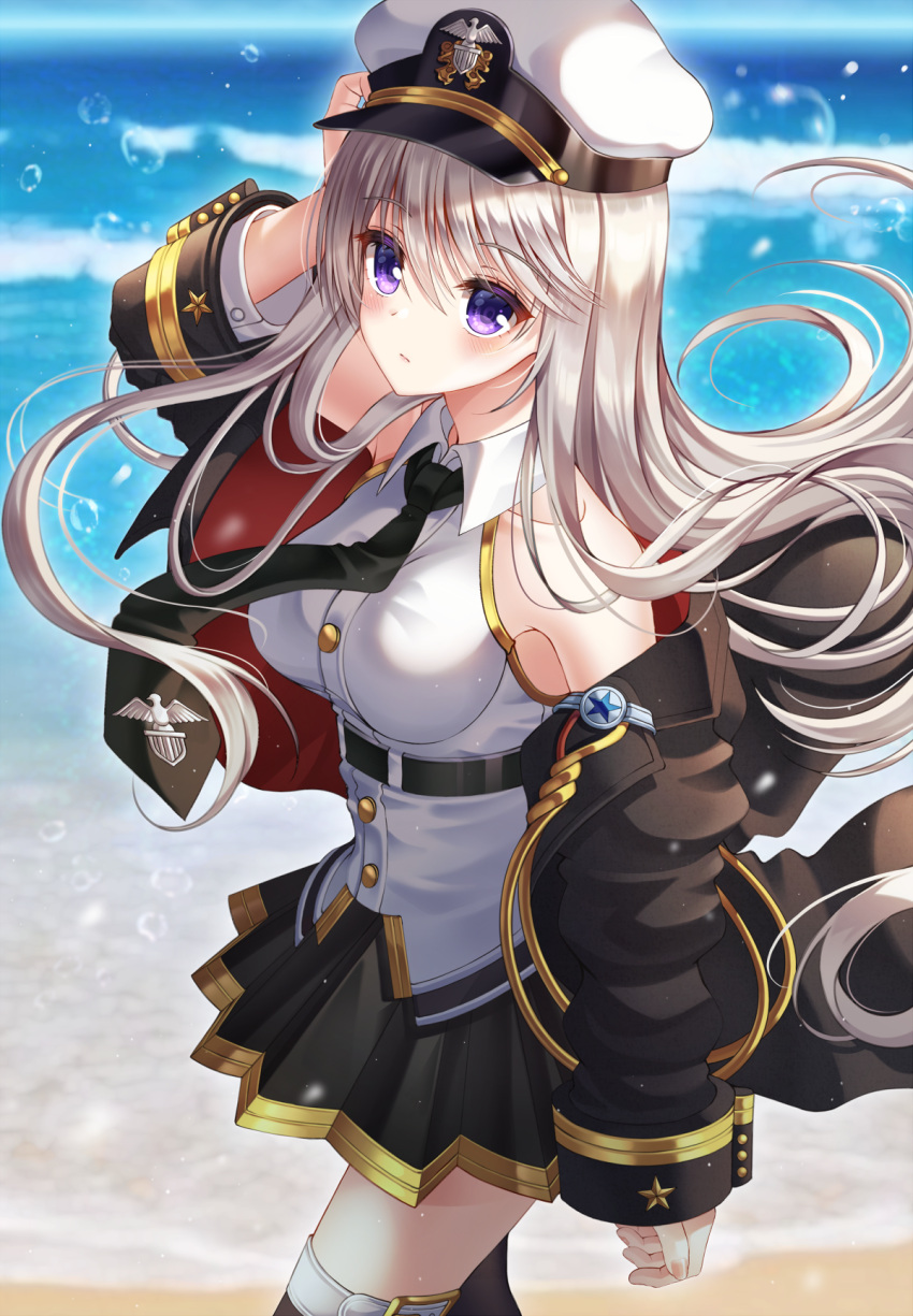 1girl arm_up azur_lane bare_shoulders beach belt black_coat black_skirt breasts bubble buttons coat collared_shirt cowboy_shot ecu8080 enterprise_(azur_lane) floating_hair hat highres long_hair long_sleeves looking_at_viewer medium_breasts military military_hat military_uniform miniskirt necktie off_shoulder open_clothes open_coat peaked_cap pleated_skirt shirt silver_hair skirt sleeveless sleeveless_shirt solo standing thigh-highs uniform violet_eyes water white_shirt zettai_ryouiki