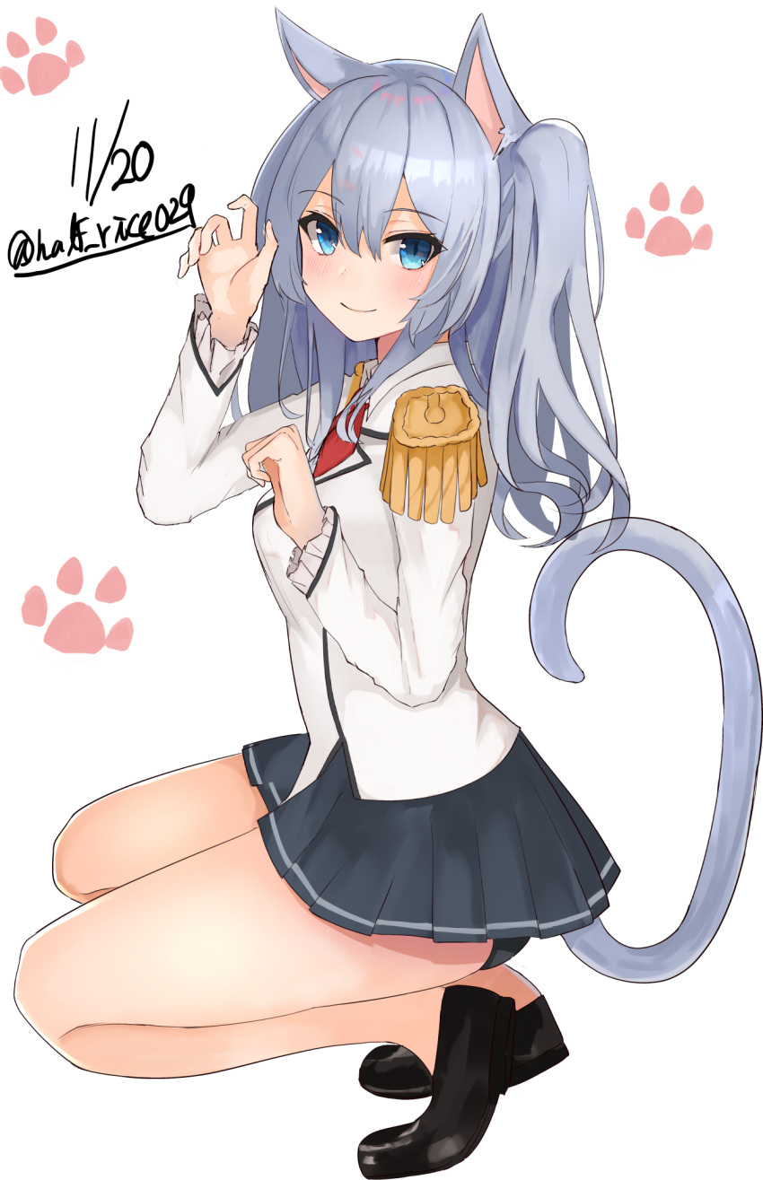 1girl animal_ears bangs black_footwear blue_eyes blush breasts cat_ears cat_tail dated epaulettes eyebrows_visible_through_hair full_body hair_between_eyes highres kantai_collection kashima_(kantai_collection) long_hair long_sleeves medium_breasts military military_uniform paw_pose paw_print red_neckwear shiina_aoi silver_hair simple_background skirt smile solo squatting tail twintails uniform wavy_hair white_background