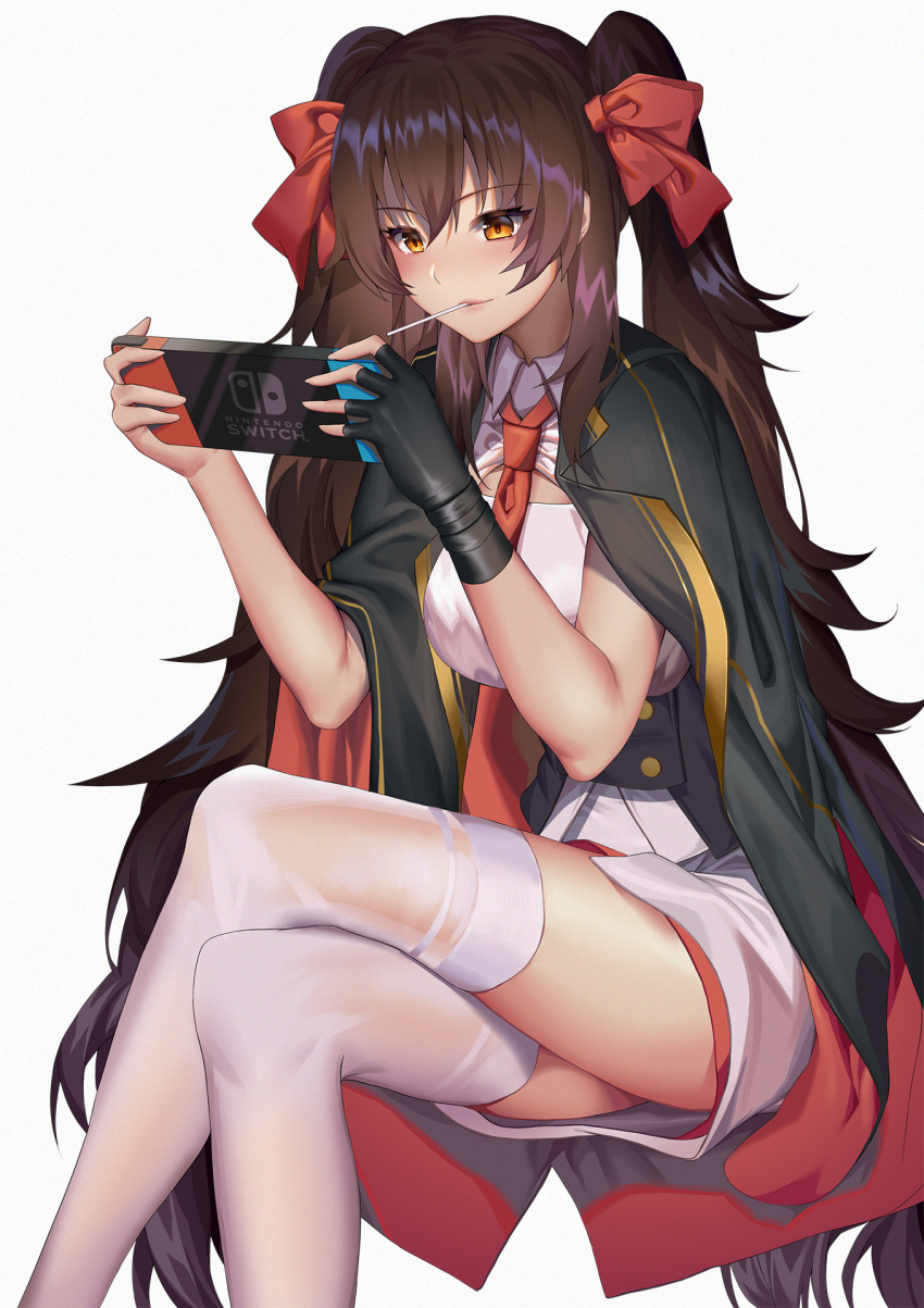 1girl bangs black_gloves blush boots breasts brown_eyes brown_hair candy cape crossed_legs double-breasted eyebrows_visible_through_hair food girls_frontline gloves hair_between_eyes hair_ribbon henz_(86551650) highres holding_handheld_game_console lollipop long_hair looking_at_viewer medium_breasts mouth_hold necktie nintendo_switch pleated_skirt qbz-97_(girls_frontline) ribbon shirt simple_background single_glove skirt solo thigh-highs thighs twintails underbust very_long_hair white_legwear white_shirt