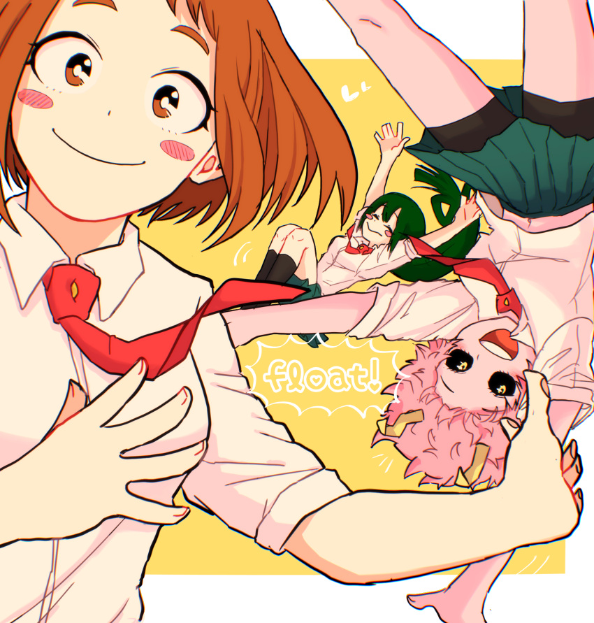 3girls ashido_mina asui_tsuyu bare_legs blush boku_no_hero_academia brown_eyes brown_hair floating floating_hair green_hair green_skirt highres multiple_girls necktie pink_hair red_necktie school_uniform shirt skirt smile uraraka_ochako white_shirt yakishion417