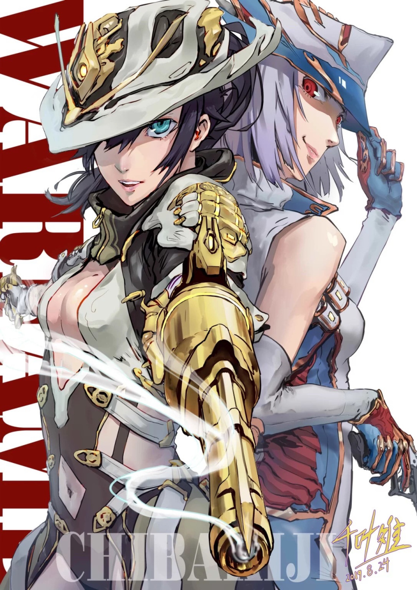 2girls back-to-back bangs black_hair blue_eyes bodysuit breasts commentary_request cowboy_shot dual_wielding gloves gun hand_up handgun hat highres holding holding_gun holding_weapon humanization looking_at_viewer mesa_(warframe) mesa_prime_(warframe) multiple_girls navel open_mouth pistol ponytail red_eyes short_hair silver_hair small_breasts smile smoke smoking_gun trigger_discipline user_ghvp5224 warframe weapon