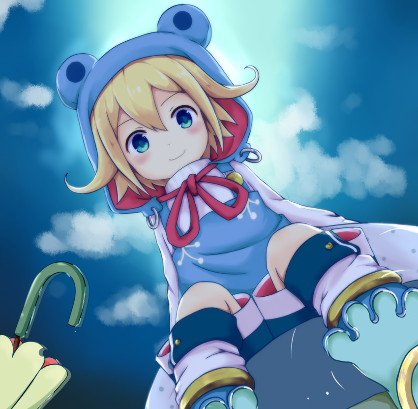 1boy abc_cherry blonde_hair blue_eyes blue_sky blush child clouds frog_hood from_below highres hood kneehighs long_sleeves looking_at_viewer merc_storia outdoors raincoat shorts sitting sky umbrella