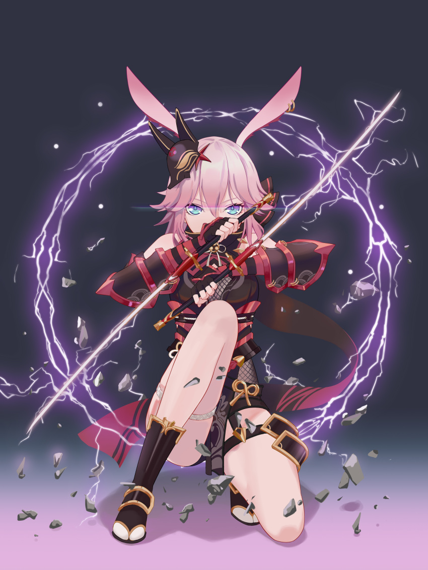 absurdres alset animal_ears armor blue_eyes commentary commentary_request dual_wielding fingerless_gloves fishnet_fabric gloves glowing glowing_eyes hair_between_eyes hair_ornament highres holding honkai_(series) honkai_impact_3rd katana kneeling lightning looking_at_viewer pink_hair rubble simple_background sword thigh_strap weapon yae_sakura