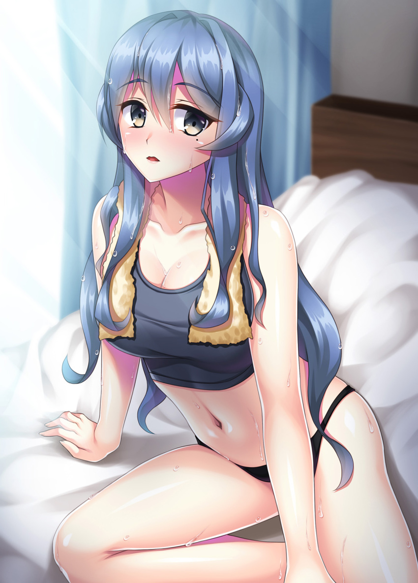 1girl alternate_costume alternate_hairstyle arm_support black_panties blue_eyes blue_hair blue_tank_top breasts collarbone commentary_request gotland_(kantai_collection) hair_down highres kantai_collection long_hair medium_breasts mole mole_under_eye navel on_bed panties ruin_re_birth sitting solo sweat tank_top towel towel_around_neck underwear