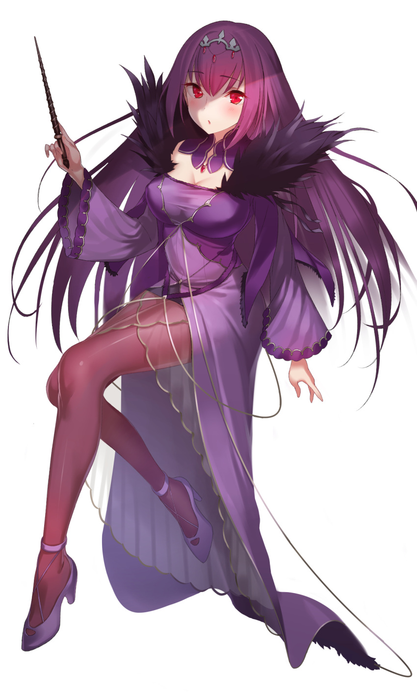 1girl bangs breasts dress fate/grand_order fate/stay_night fate_(series) feather_trim fur-trimmed_dress fur_trim green322 hair_between_eyes headpiece high_heels highres holding holding_wand light_blush long_sleeves medium_breasts moe pantyhose purple_dress purple_hair red_eyes scathach_(fate)_(all) scathach_skadi_(fate/grand_order) shade simple_background solo tiara type-moon ufotable wand white_background
