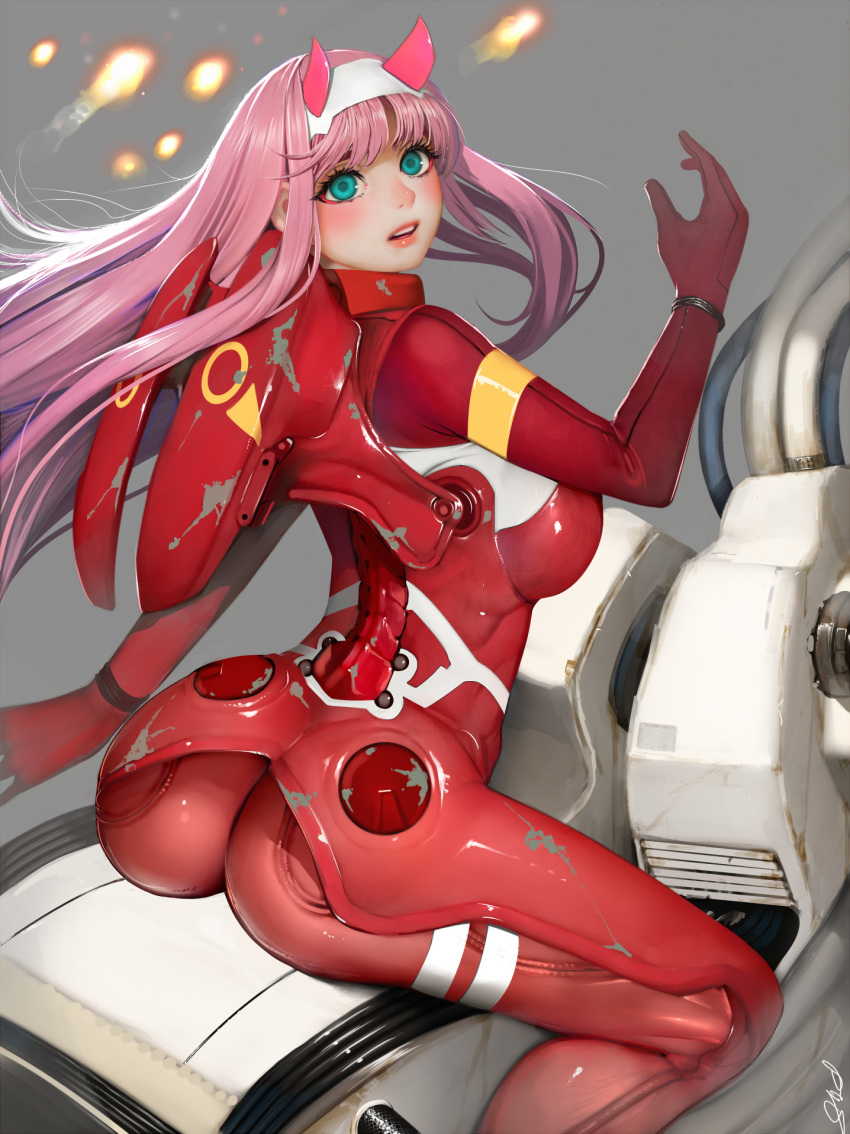 1girl a-1_pictures ass blue_eyes blush bodysuit breasts cloverworks darling_in_the_franxx female fireball from_behind headband horns jumpsuit looking_back medium_breasts pale_skin pink_hair power_connection projectiles randy_starfru1t solo straddling trigger_(company) wristband zero_two_(darling_in_the_franxx)