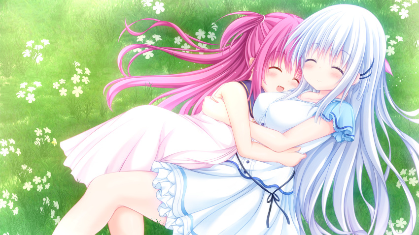 2girls ^_^ breasts closed_eyes dress fang flower grass highres hug katou_umi key_(company) large_breasts long_hair lying manma_(manmamia) multiple_girls mutual_hug naruse_shiroha pink_hair smile summer_pockets sundress white_hair