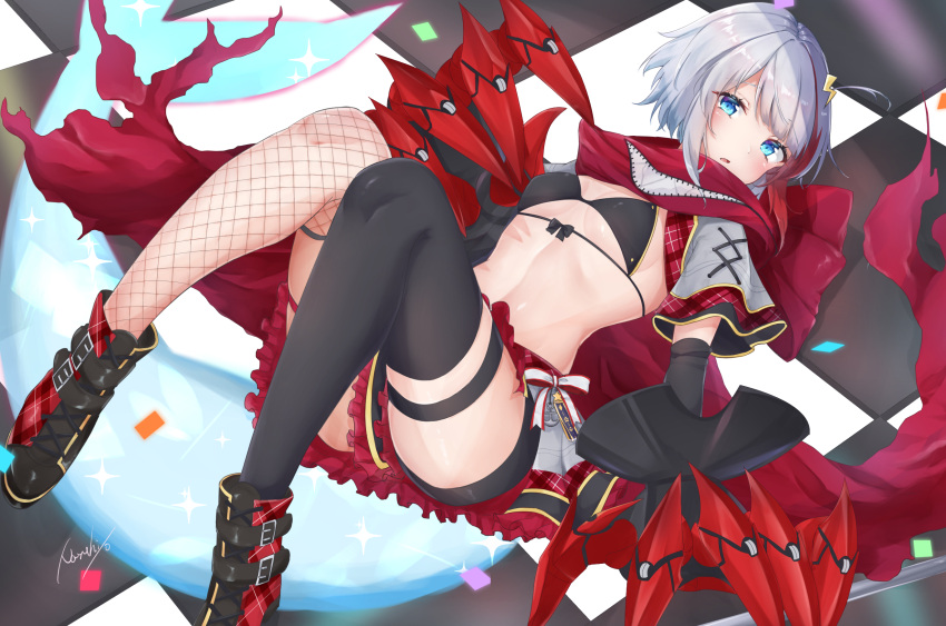 1girl admiral_graf_spee_(azur_lane) admiral_graf_spee_(ironblood_cutie)_(azur_lane) ahoge asymmetrical_legwear azur_lane bikini black_bikini black_legwear blue_eyes boots breasts checkered checkered_floor claws commentary_request fishnet_legwear fishnets highres idol looking_at_viewer lying miniskirt multicolored_hair nayuta_hilo on_back on_floor parted_lips red_skirt scarf shark_tail short_hair short_sleeves silver_hair skirt small_breasts solo stomach streaked_hair swimsuit thigh-highs thigh_strap