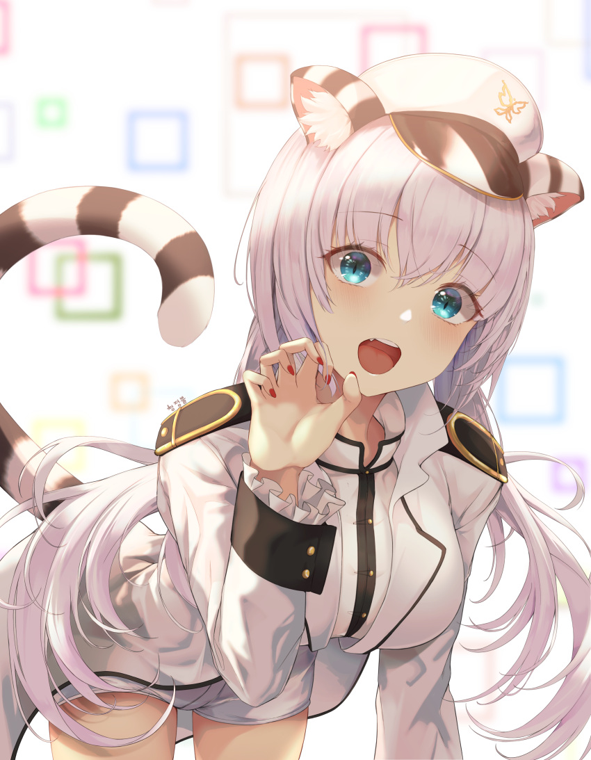 1girl :d absurdres animal_ear_fluff animal_ears bangs bent_over blue_eyes blurry blurry_background blush breasts character_request claw_pose depth_of_field eyebrows_visible_through_hair fang frilled_sleeves frills g_home highres jacket long_hair long_sleeves looking_at_viewer maplestory medium_breasts military_jacket nail_polish open_mouth pink_hair red_nails shirt short_shorts shorts slit_pupils smile solo tail very_long_hair white_headwear white_jacket white_shirt white_shorts