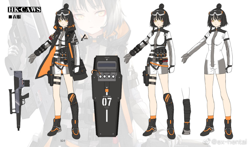 1girl bangs black_footwear black_hair boots braid breasts bullpup caws_(girls_frontline) character_name character_sheet coat combat_shotgun expressionless eyeshadow german_flag girls_frontline gloves goggles goggles_on_head grey_jumpsuit gun h&amp;k_caws haijin hand_on_shield headset heckler_&amp;_koch holding holding_gun holding_weapon holster hood hood_down hooded_coat load_bearing_equipment logo long_sleeves looking_at_viewer makeup medium_breasts name_tag open_clothes open_coat orange_legwear riot_shield rope shin_guards short_hair short_jumpsuit short_sleeves shotgun side_braid sidelocks single_knee_pad single_shin_guard snap-fit_buckle socks solo thigh_holster thigh_strap topknot two-tone_jumpsuit weapon weibo_username yellow_eyes zoom_layer