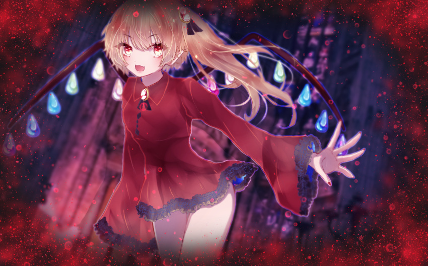 1girl abstract_background alternate_costume arm_behind_back arm_up blonde_hair blurry blurry_background brooch commentary_request contrapposto cowboy_shot fang flandre_scarlet hair_ornament hamuyama_(3sunus) jewelry long_sleeves looking_at_viewer no_hat no_headwear no_pants open_mouth partial_commentary red_eyes red_nails red_shirt shirt side_ponytail skin_fang solo splatter standing thigh_gap touhou wings