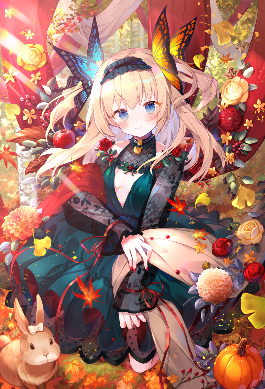 1girl absurdres autumn_leaves bangs blonde_hair blue_eyes blush breasts butterfly_hair_ornament closed_mouth day dress emori_el emori_miku_project eyebrows_visible_through_hair floating_hair green_dress hair_ornament head_tilt headdress highres huge_filesize ibara_riato long_hair long_sleeves looking_at_viewer outdoors rabbit red_nails shawl sidelocks small_breasts smile two_side_up
