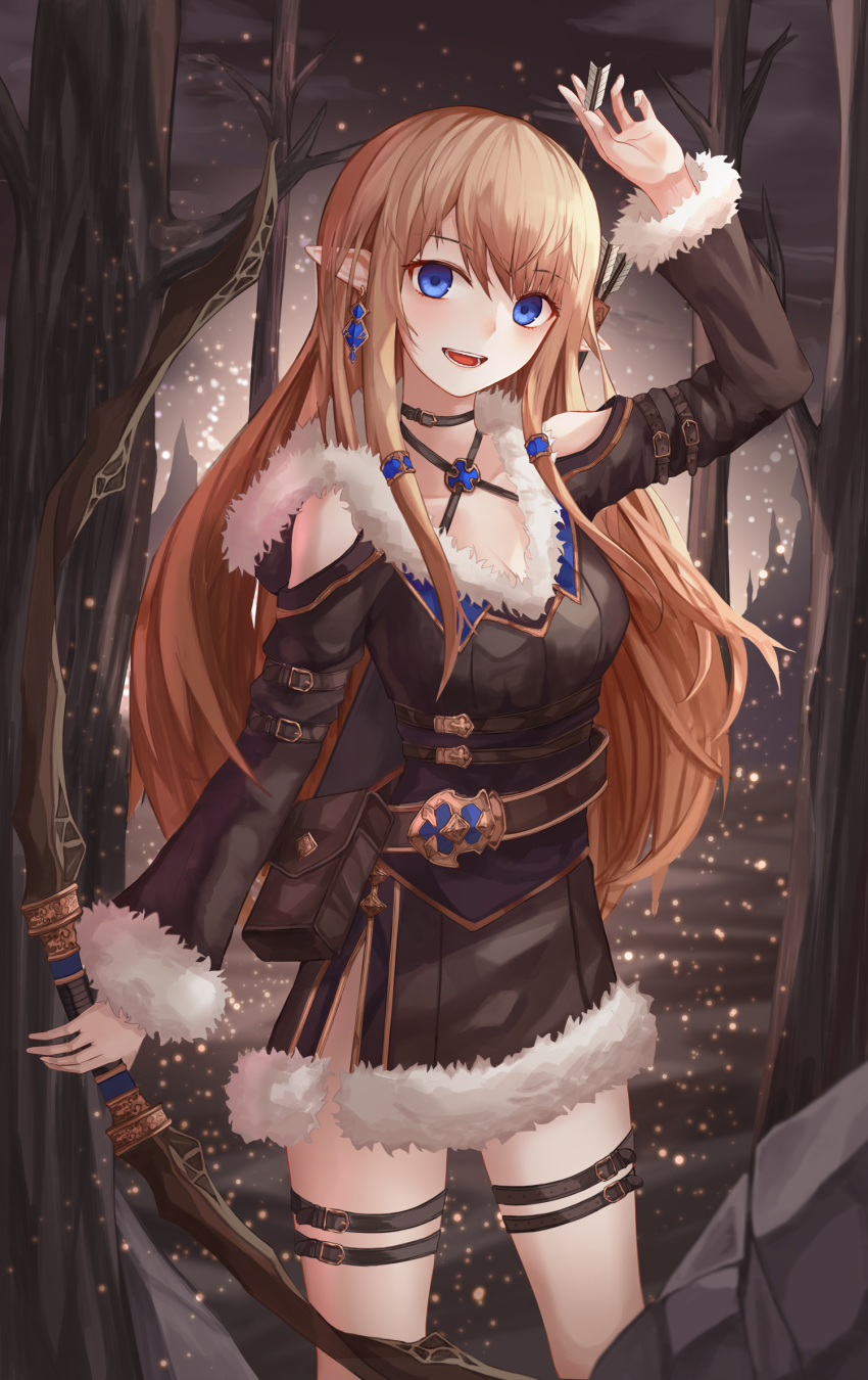 1girl :d arm_belt arm_up arrow bare_tree black_choker blonde_hair blue_earrings blue_eyes bow_(weapon) choker commentary earrings elf evening fur_trim highres jewelry long_hair long_sleeves looking_at_viewer luc_(kor) open_mouth original outdoors pointy_ears sidelocks smile snowing standing thigh_strap tree very_long_hair weapon