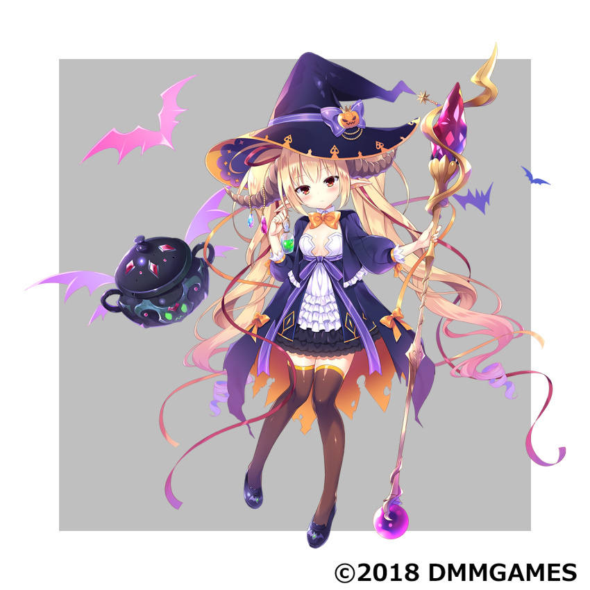 1girl black_legwear blonde_hair blush dress flat_chest gemini_seed hair_ornament hair_ribbon hat highres horns long_hair nail_polish official_art potion red_eyes ribbon shoes tougetsu_hajime twintails very_long_hair witch_hat