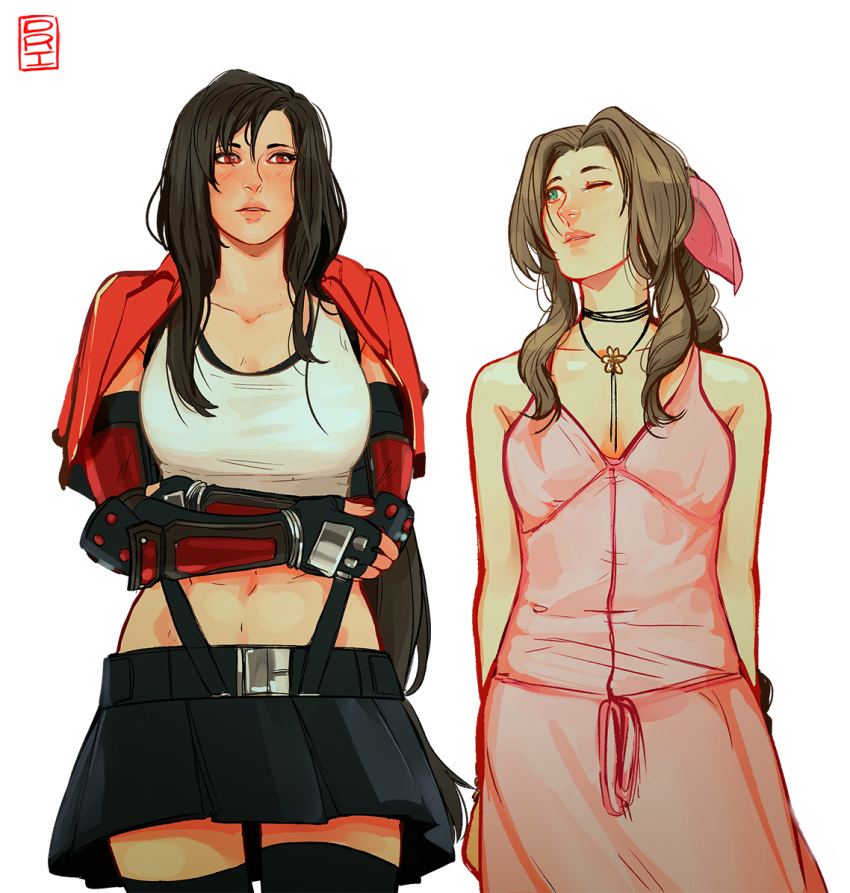 aerith_gainsborough arm_guards black_hair blush bolo_tie borrowed_garments bow bracelet brown_eyes brown_hair crop_top cropped_jacket crossed_arms dress elbow_gloves final_fantasy final_fantasy_vii final_fantasy_vii_remake fingerless_gloves gloves green_eyes hair_bow jacket jewelry long_hair looking_at_another low-tied_long_hair midriff one_eye_closed parted_lips pink_dress pleated_skirt red_jacket saint_dri simple_background skirt sleeveless smile tank_top thigh-highs tifa_lockhart very_long_hair zettai_ryouiki