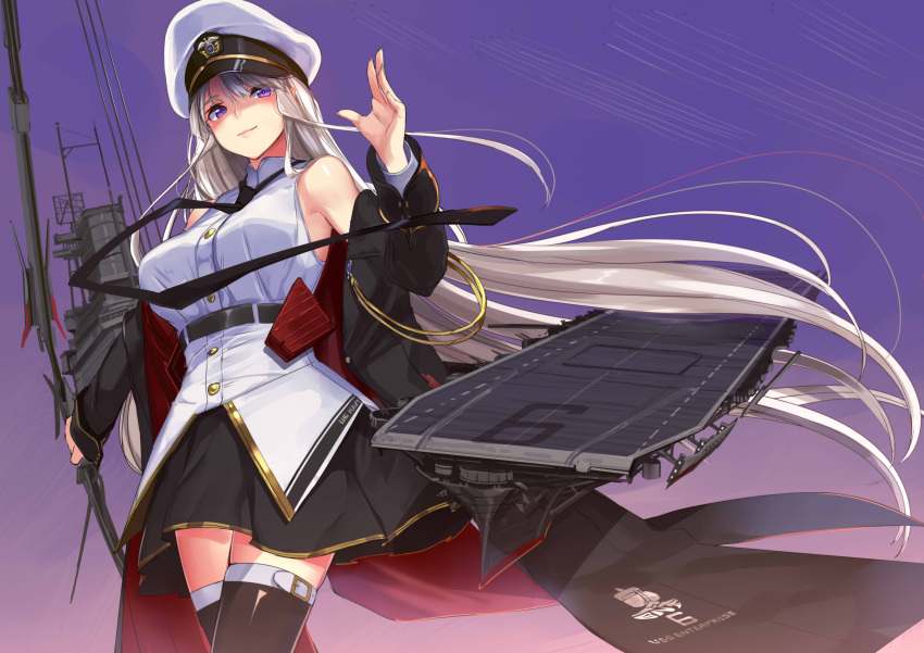 1girl absurdres akasaai azur_lane bangs bare_shoulders black_neckwear black_skirt blush bow_(weapon) breasts coat compound_bow enterprise_(azur_lane) eyebrows_visible_through_hair flight_deck hand_up hat highres holding holding_bow_(weapon) holding_weapon large_breasts long_hair looking_at_viewer necktie off_shoulder outdoors peaked_cap rigging shirt silver_hair skirt sleeveless sleeveless_shirt smile solo thigh-highs very_long_hair violet_eyes weapon white_shirt