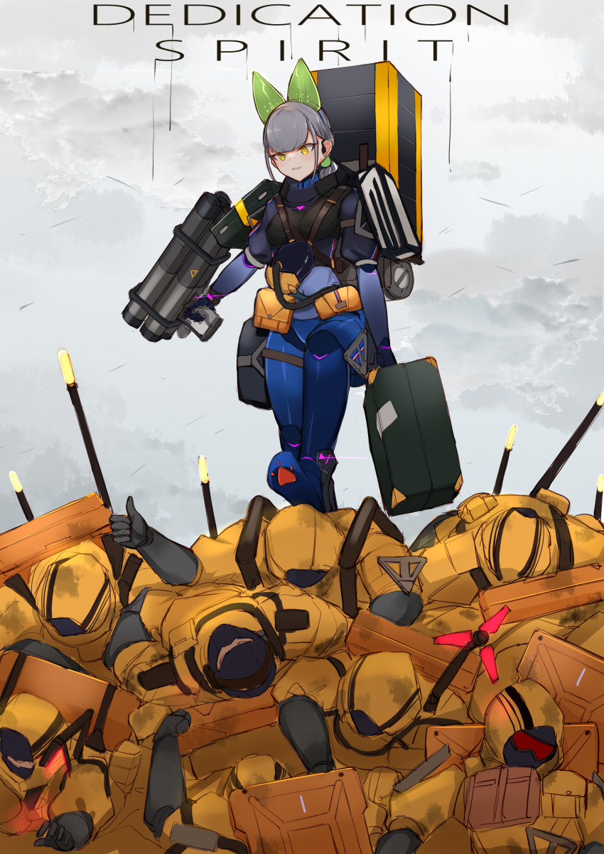 1girl 6+boys absurdres andou_inari animal_ears bangs black_gloves blue_bodysuit bodysuit breasts choumi_wuti_(xueye_fanmang_zhong) clouds cloudy_sky commentary_request death_stranding elbow_gloves fake_animal_ears fox_ears gloves grey_hair gun highres holding holding_gun holding_weapon hood hood_up hooded_jacket jacket long_hair multiple_boys parted_lips puffy_short_sleeves puffy_sleeves shoe_soles short_sleeves sidelocks sky small_breasts solo_focus thumbs_up virtual_youtuber vr_link weapon yellow_eyes yellow_jacket