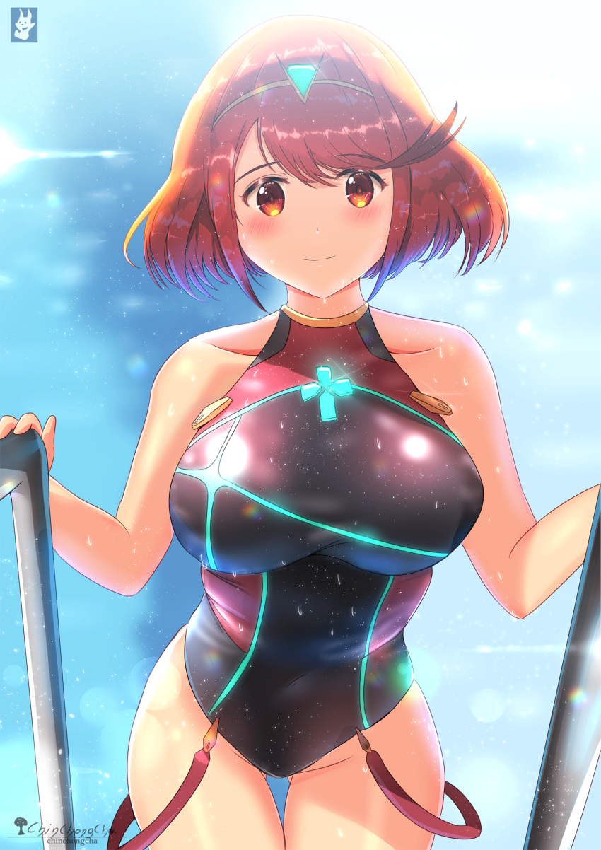 1girl artist_name bangs blush breasts brown_eyes brown_hair chinchongcha covered_navel gem headpiece highres pyra_(xenoblade) large_breasts looking_at_viewer one-piece_swimsuit outdoors pool short_hair smile swept_bangs swimsuit xenoblade_(series) xenoblade_2