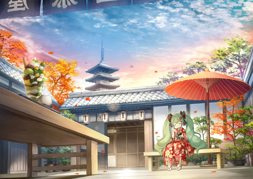 1girl aqua_hair architecture autumn_leaves bench bow bowl bug closed_eyes clouds cloudy_sky commentary cup day dragonfly east_asian_architecture eating floral_print flower hair_bow hair_flower hair_ornament hatsune_miku highres holding holding_bowl holding_spoon insect japanese_clothes kimono lantern leaf maple_leaf namaru_(summer_dandy) oriental_umbrella outdoors parfait plant potted_plant red_kimono sandals scenery sitting sky smile solo spoon striped striped_bow temple tree umbrella vocaloid wide_shot yasaka_pagoda