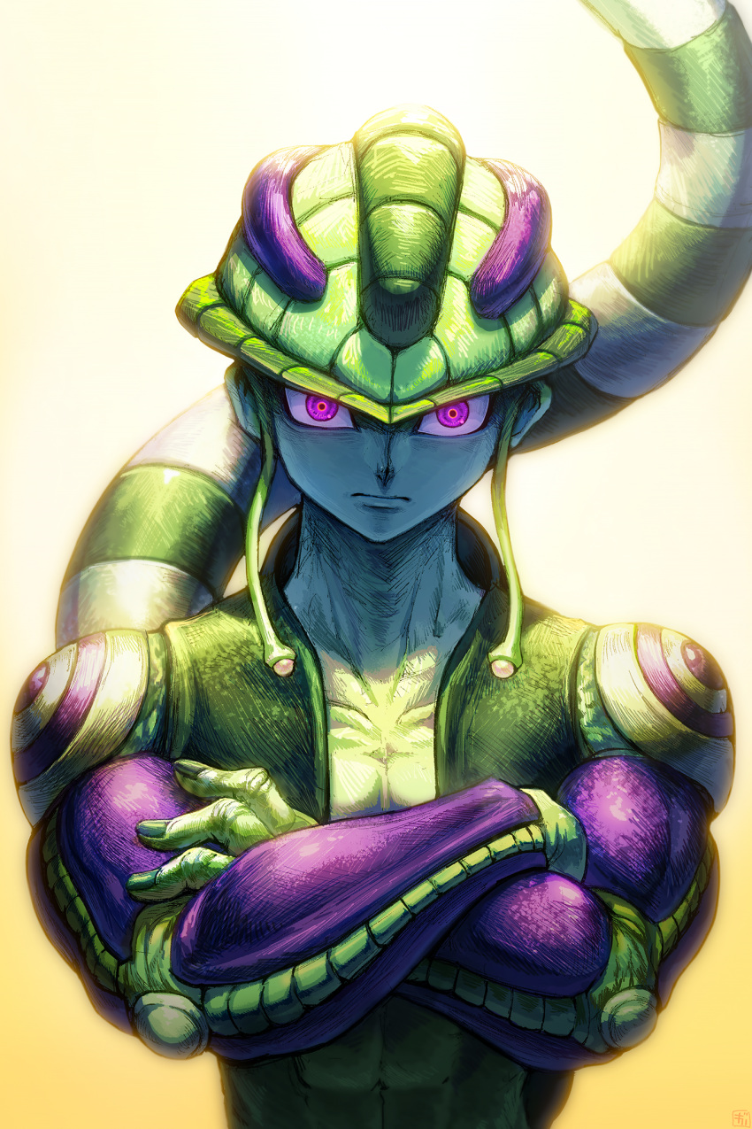 1boy abs closed_mouth crossed_arms gibagiba green_skin highres hunter_x_hunter looking_at_viewer male_focus meruem monster_boy striped tail toned upper_body violet_eyes yellow_background