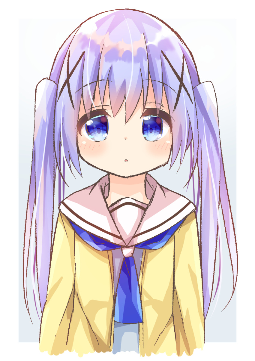 1girl :o bangs blue_eyes blue_hair blue_neckwear blue_shirt blush commentary_request cropped_torso eyebrows_visible_through_hair gochuumon_wa_usagi_desu_ka? grey_background hair_between_eyes hair_ornament highres jacket kafuu_chino long_hair nakkar open_clothes open_jacket parted_lips sailor_collar shirt sidelocks solo twintails two-tone_background upper_body white_background white_sailor_collar x_hair_ornament yellow_jacket