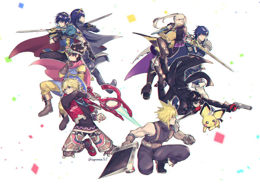 1girl a-1_pictures absurdres amamiya_ren animal atlus baby_pokemon bird_studio blonde_hair blue_eyes brown_hair buster_sword cape chrom_(fire_emblem) cloud_strife cloverworks creatures_(company) dragon_quest dragon_quest_iii dragon_quest_xi falchion_(fire_emblem) father_and_daughter female_my_unit_(fire_emblem:_kakusei) final_fantasy final_fantasy_vii fingerless_gloves fire_emblem fire_emblem:_kakusei fire_emblem:_mystery_of_the_emblem fire_emblem:_mystery_of_the_emblem fire_emblem:_shin_ankoku_ryuu_to_hikari_no_tsurugi fire_emblem_awakening fire_emblem_shadow_dragon game_freak gloves great_grandfather_and_great_granddaughter gun hair_ornament hero_(dq11) highres human husband_and_wife intelligent_systems long_hair looking_at_viewer lucina lucina_(fire_emblem) marth_(fire_emblem) mask monado monolith_soft monster_games mouse my_unit_(fire_emblem:_kakusei) nintendo olm_digital persona pichu pokemon pokemon_(creature) reflet rei_(teponea121) robin_(fire_emblem) robin_(fire_emblem)_(female) roto short_hair shulk simple_background smile sora_(company) square_enix super_smash_bros. super_smash_bros._ultimate super_smash_bros_brawl super_smash_bros_melee sword tiara twintails weapon white_hair xenoblade_(series) xenoblade_1 xenoblade_chronicles