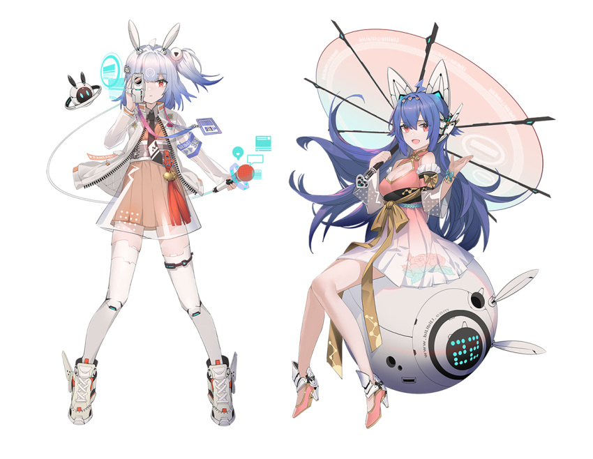 1girl balusah bilibili_douga boots breasts camera china_dress chinese_clothes closed_mouth dress flat_chest hair_ornament large_breasts legs long_hair microphone official_art open_mouth purple_hair red_eyes shoes short_hair umbrella