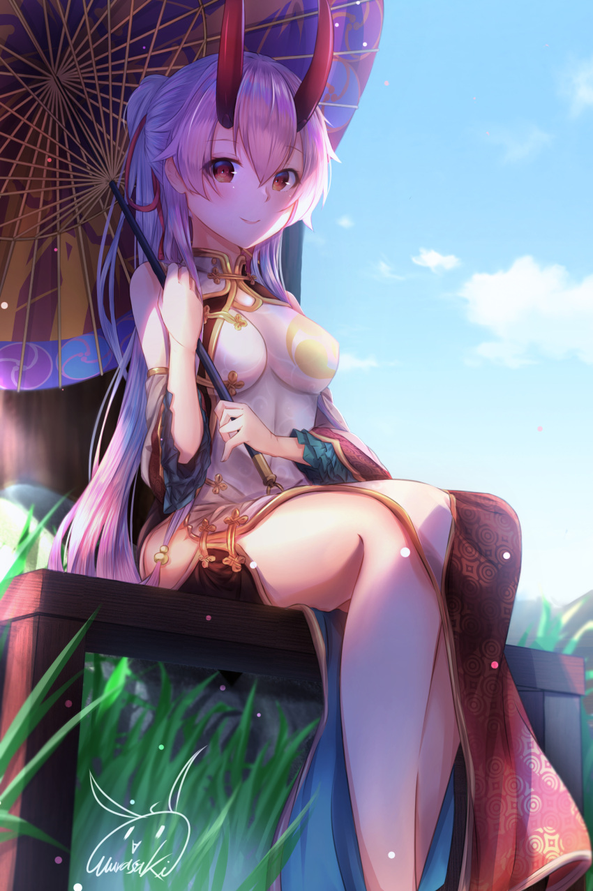 1girl bangs bare_shoulders bench blue_sky blush breasts china_dress chinese_clothes closed_mouth detached_sleeves dress fate/grand_order fate_(series) grass hair_between_eyes heroic_spirit_traveling_outfit highres horns large_breasts long_hair looking_at_viewer mitsudomoe_(shape) oni_horns oriental_umbrella pelvic_curtain ponytail purple_(jobseeking) red_eyes side_slit silver_hair sitting sky sleeveless sleeveless_dress smile solo tomoe_(symbol) tomoe_gozen_(fate/grand_order) umbrella wide_sleeves