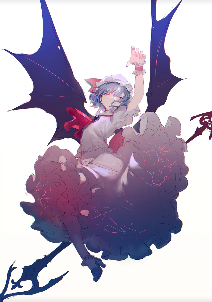 1girl absurdres ascot bangs bat_wings blue_hair bow brooch frills hat hat_bow high_heels highres jewelry mob_cap mohyunn nail_polish polearm red_bow red_eyes red_neckwear remilia_scarlet short_hair short_sleeves simple_background smile socks solo spear spear_the_gungnir touhou weapon white_background white_headwear wings
