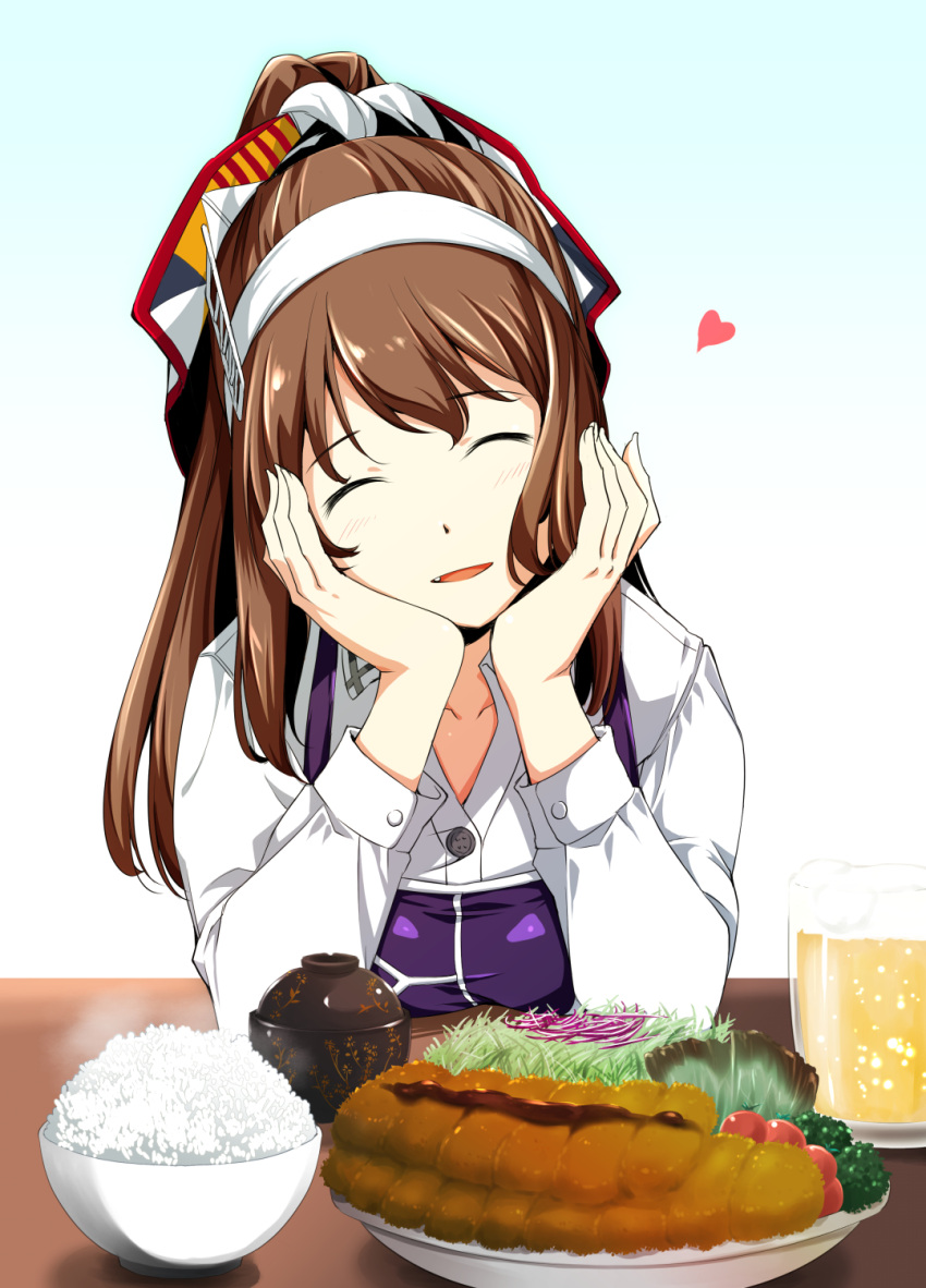 1girl ashigara_(kantai_collection) beer_mug bowl brown_hair chin_rest closed_eyes collarbone commentary_request cup hairband hand_on_own_cheek head_rest heart highres horned_headwear kantai_collection kawamura_tsukasa long_hair long_sleeves mug plate ponytail purple_apron rice rice_bowl shirt smile solo upper_body white_hairband white_shirt